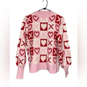 Valentine’s Day X and O Red Heart Checkered Sweater - Small